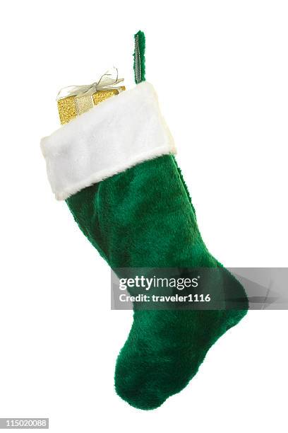 fuzzy green christmas stocking - christmas stocking stock pictures, royalty-free photos & images