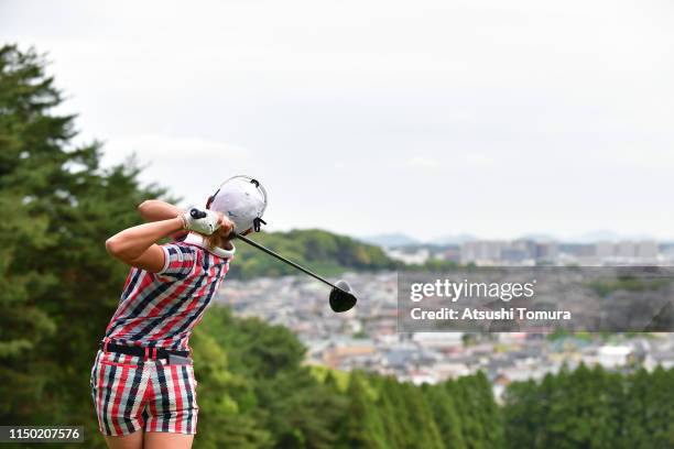 Erika Hara of Japan hits a tee shot on the 3rd hole during the final round of the Hoken-no-Madoguchi Ladies at Fukuoka Country Club Wajiro Course on...