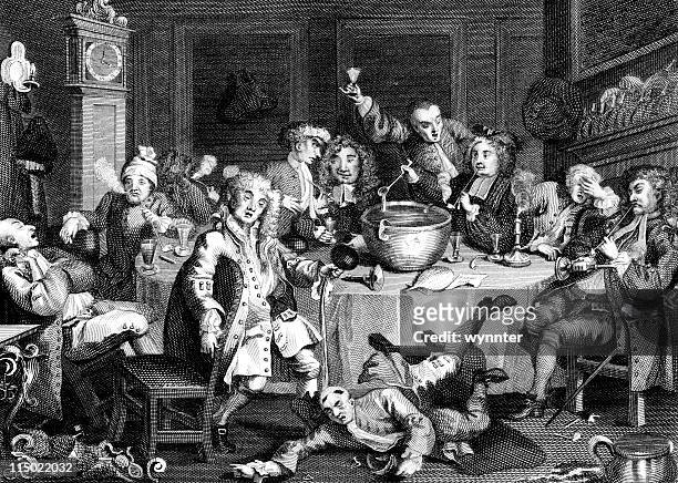 stockillustraties, clipart, cartoons en iconen met 18th century drinking party in england by hogarth - drunk
