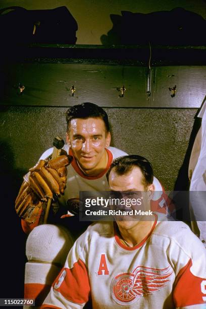 Closeup portrait of Detroit Red Wings Ted Lindsay and Gordie Howe during photo shoot in locker room at Olympia Stadium. Cover. Detroit, MI 1/17/1957...