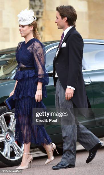 Princess Beatrice and Edoardo Mapelli Mozzi attend the wedding of Lady Gabriella Windsor and Thomas Kingston at St George's Chapel on May 18, 2019 in...