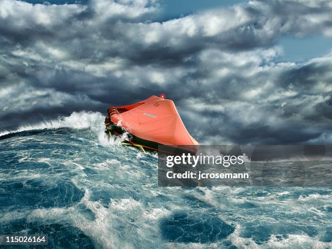 Life raft in stormy ocean