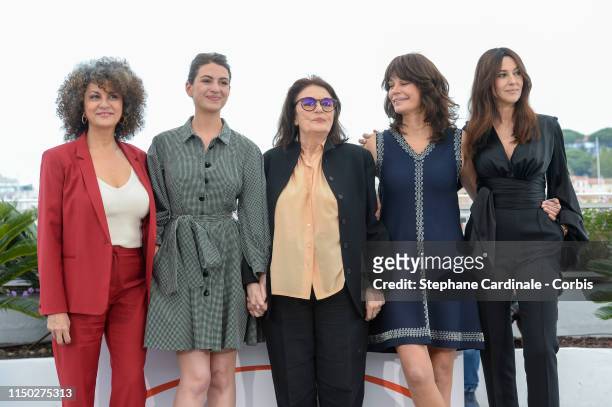 Souad Amidou, Tess Lauvergne, Anouck Aimee, Marianne Denicourt and Monica Bellucci attend the photocall for "The Best Years of a Life " during the...