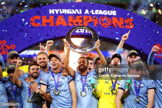 Alex Brosque of Sydney FC and team mates celebrate winning the 2019 A-League Grand Final match between the Perth Glory and Sydney FC at Optus Stadium...