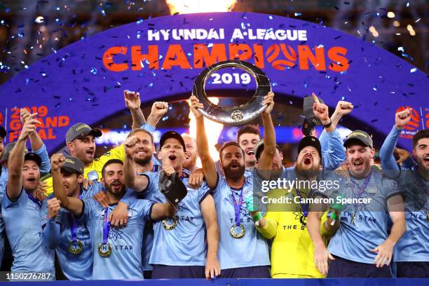 Alex Brosque of Sydney FC and team mates celebrate winning the 2019 A-League Grand Final match between the Perth Glory and Sydney FC at Optus Stadium...