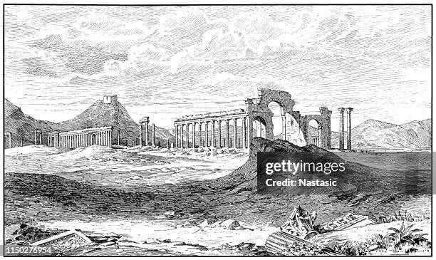 stockillustraties, clipart, cartoons en iconen met temple colonnade ruïnes in palmyra - palmera
