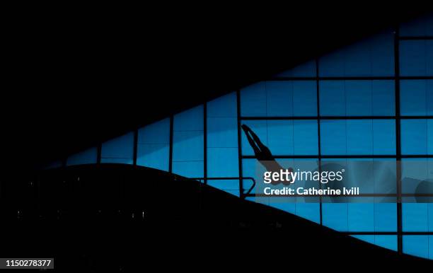 Silhouette of a diver in action during Day Three of the FINA/CNSG Diving World Series at the London Aquatics Centre on May 19, 2019 in London,...