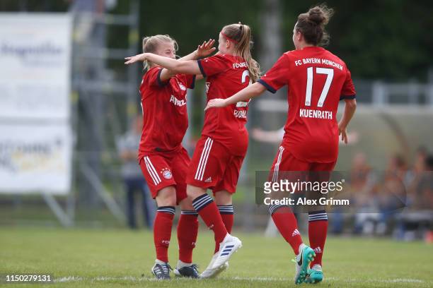 Vanessa Fudalla of Muenchen celebrates his team's first goal with team mates during the 2. Frauen Bundesliga match between TSG 1899 Hoffenheim II and...