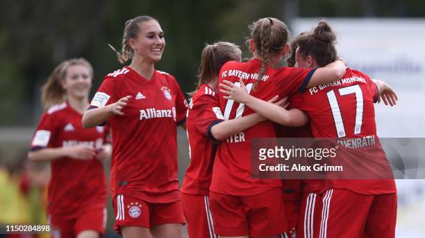 Vanessa Fudalla of Muenchen celebrates her team's first goal with team mates during the 2. Frauen Bundesliga match between TSG 1899 Hoffenheim II and...