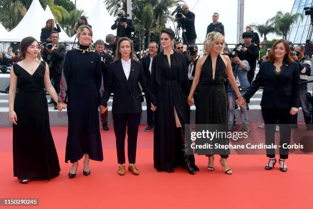 Luana Bajrami, Adele Haenel, Celine Sciamma, Noemie Merlant, Valeria Golino and Benedicte Couvreur attend the screening of "Portrait Of A Lady On...