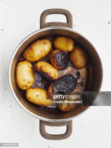 cooking pot of burnt potatoes - burnt foto e immagini stock