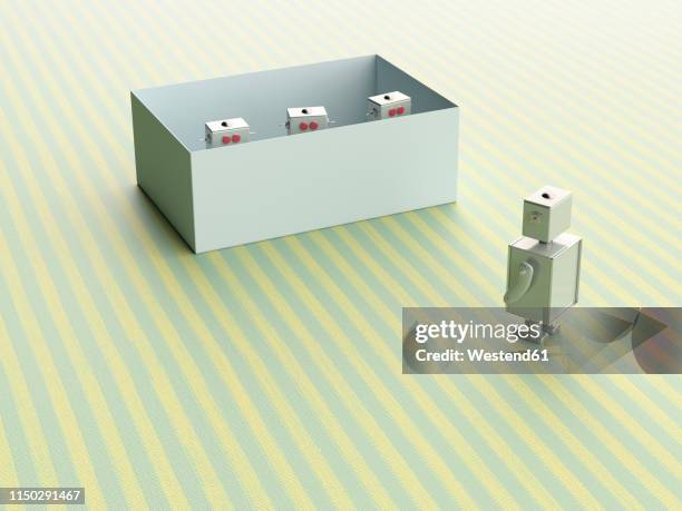 3d rendering, toy robot waiting for robot colleagues, captured in a box - hide stock illustrations