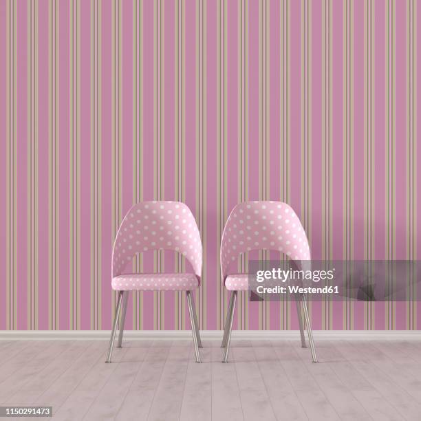 3d rendering, two chairs in front of striped wallpaper - accent wall home office stock illustrations