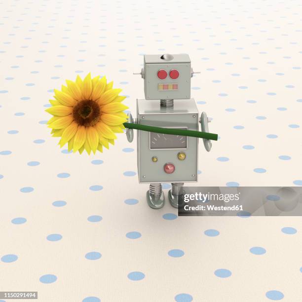 3d rendering, toy robot presenting a sunflower - gifting stock illustrations