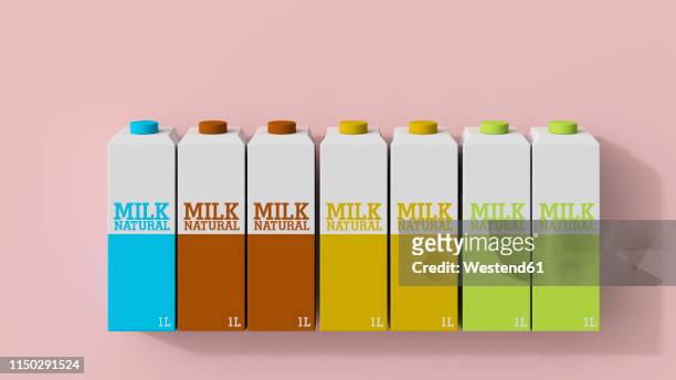 ilustraciones, imágenes clip art, dibujos animados e iconos de stock de 3d rendering, row of milk cartons in different colors - cartón de bebida