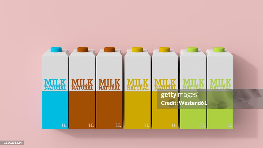 3D rendering, Row of milk cartons in different colors