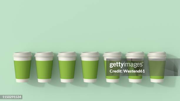 3d rendering, row of green disposable coffee cups - ポイ捨て点のイラスト素材／クリップアート素材／マンガ素材／アイコン素材