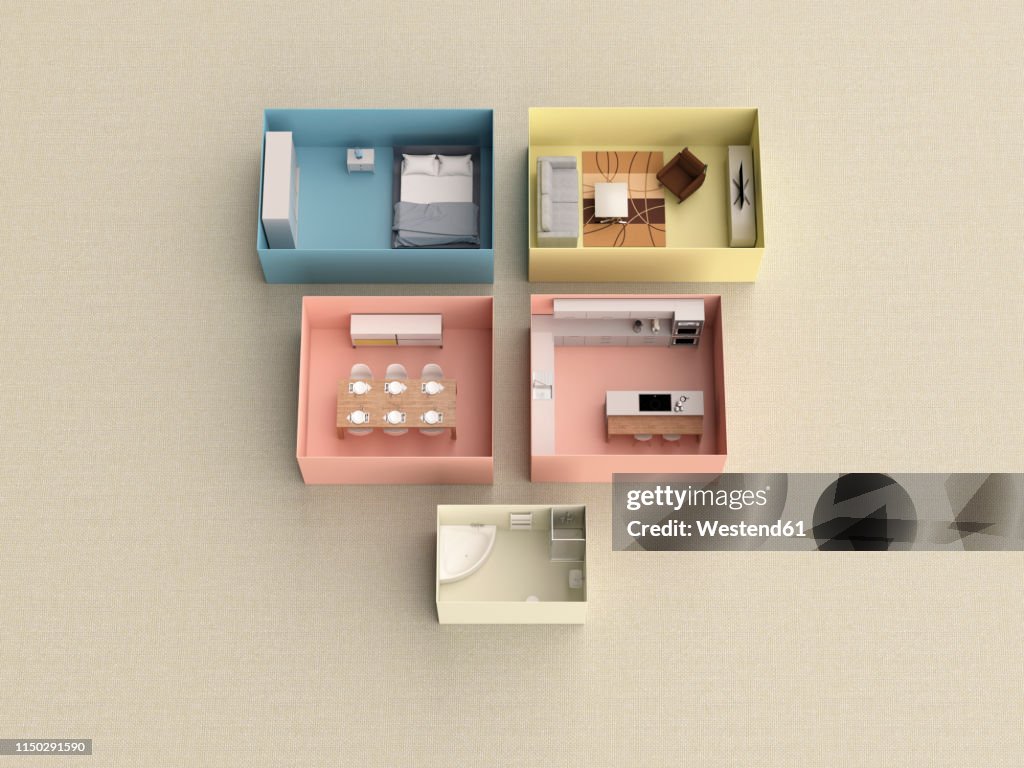 3D rendering, Miniature flat in boxes