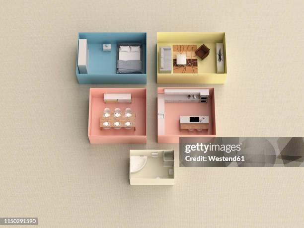 illustrazioni stock, clip art, cartoni animati e icone di tendenza di 3d rendering, miniature flat in boxes - veduta di interni