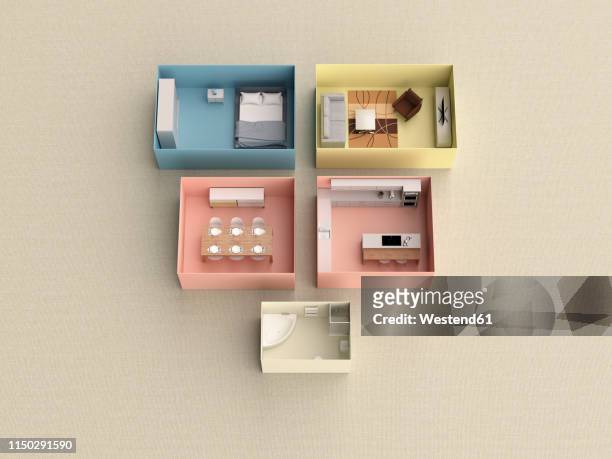 3d rendering, miniature flat in boxes - bedroom stock illustrations