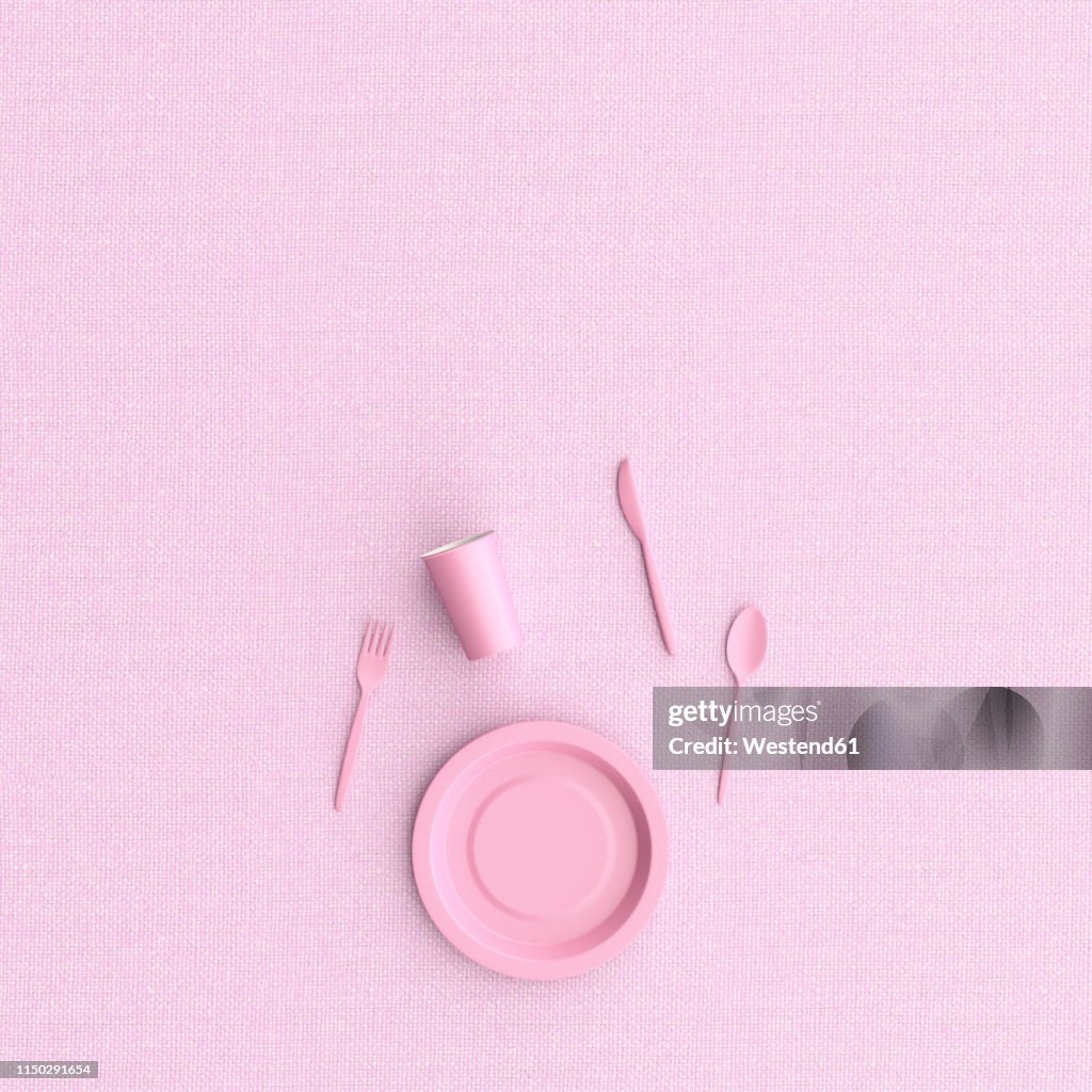 3D rendering, Plastik dishes, cups and cutlery on pink background
