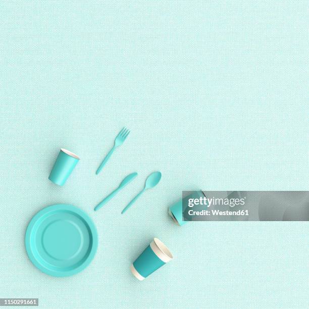 3d rendering, plastik dishes, cups and cutlery on blue background - plastic plate fork stock illustrations