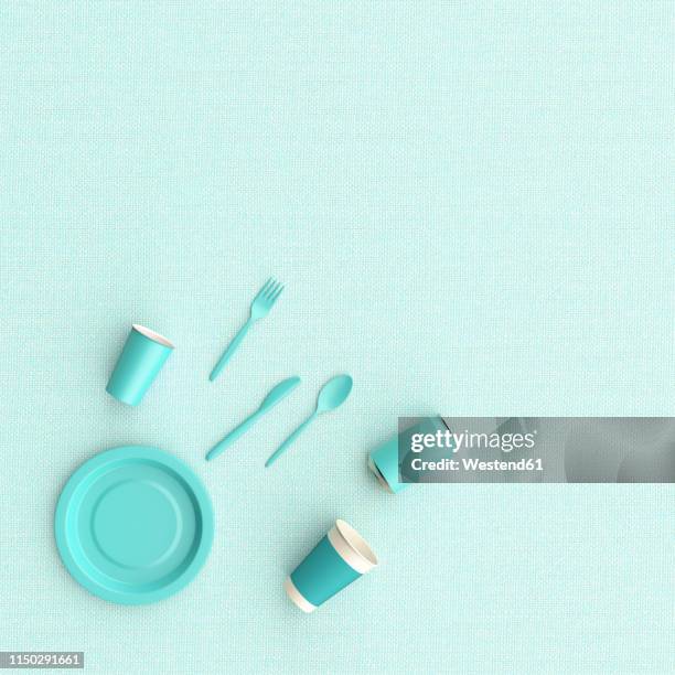 3d rendering, plastik dishes, cups and cutlery on blue background - plastic plate stock illustrations