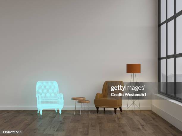 3d rendering, hologram of armchair in modern living room with floor lamp - hologram stock-grafiken, -clipart, -cartoons und -symbole