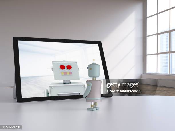 3d rendering, robot couple having a video chat in modern loft - digital home stock illustrations