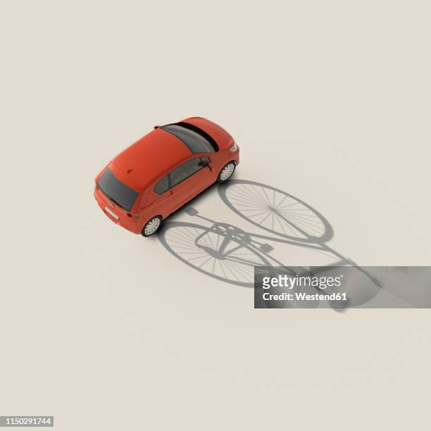 3d rendering, red car casting shadow of a bicycle - car 3d stock-grafiken, -clipart, -cartoons und -symbole