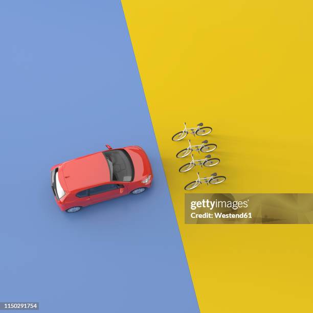 3d rendering, red car facing four bicycles - empty parking lot stock illustrations