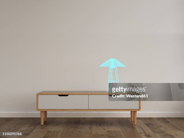 bildbanksillustrationer, clip art samt tecknat material och ikoner med 3d rendering, hologram of table lamp on sideboard in modern room - buffet table