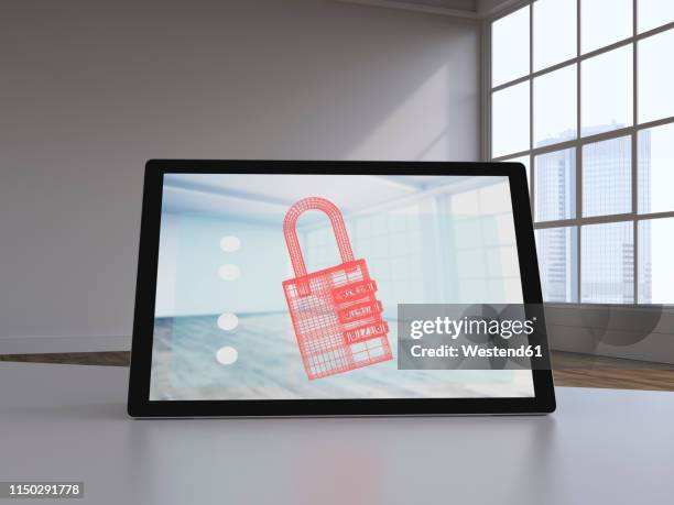 3d rendering, virtual lock on display of a digital tablet - digital home stock illustrations