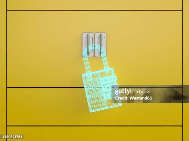 3d rendering, hologram of a u-lock on a locker - filing cabinet stock illustrations