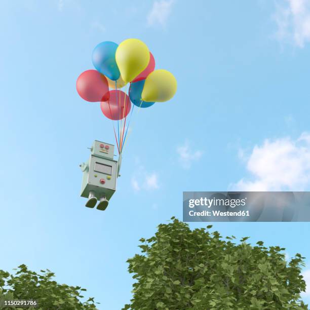 3d rendering, toy robot flyiing on a bunch of balloons - joy stock illustrations