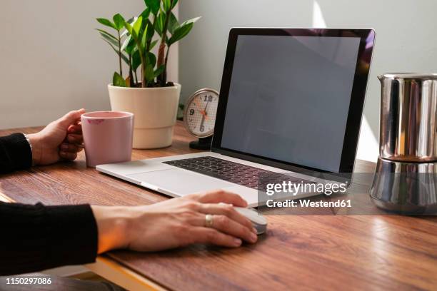 woman working on laptop at home office, partial view - close up computer mouse stockfoto's en -beelden