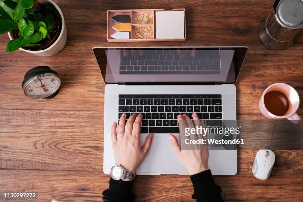 woman's hands working on laptop at home office, top view - hand raised bildbanksfoton och bilder