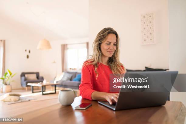 woman using laptop on dining table at home - red tops stock pictures, royalty-free photos & images