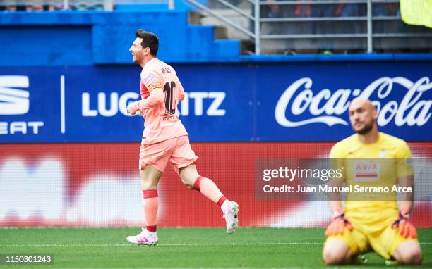 Lionel Messi of FC Barcelona celebrates after scoring a goal during the La Liga match between SD Eibar and FC Barcelona at Ipurua Municipal Stadium...