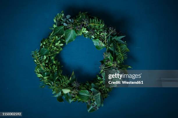 advent wreath on blue ground - couronne de fleurs photos et images de collection
