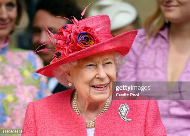 Queen Elizabeth II attends the wedding of Lady Gabriella Windsor and Thomas Kingston at St George's Chapel on May 18, 2019 in Windsor, England.