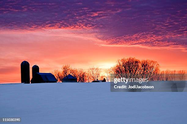 silhouette farm sonnenuntergang schnee - minnesota stock-fotos und bilder