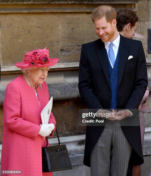 Queen Elizabeth II and Prince Harry, Duke of Sussex attend the wedding of Lady Gabriella Windsor and Thomas Kingston at St George's Chapel on May 18,...