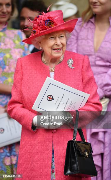 Queen Elizabeth II attends the wedding of Lady Gabriella Windsor and Thomas Kingston at St George's Chapel on May 18, 2019 in Windsor, England.