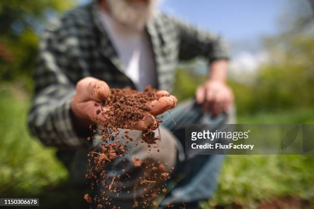 高級農民在他的農場檢查土地 - soil 個照片及圖片檔