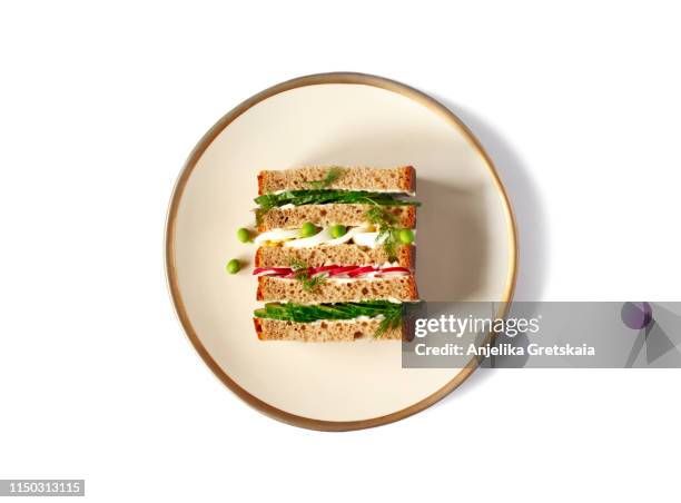 sandwich with cucumber, radish and egg. spring sandwich - sandwich top view stock pictures, royalty-free photos & images