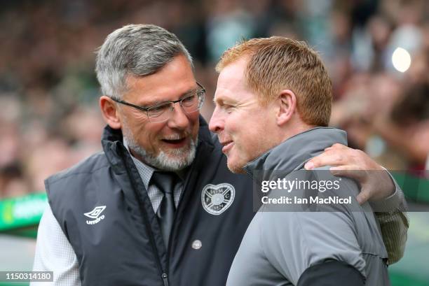 Craig Levein, manager of Hearts and Neil Lennon, Interim manager of Celtic on discussion prior to the Ladbrokes Scottish Premiership match between...