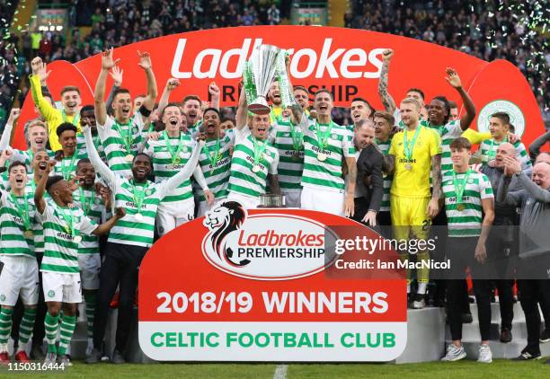 Scott Brown and Mikael Lustig of Celtic lift the league championship trophy in celebration after the Ladbrokes Scottish Premiership match between...