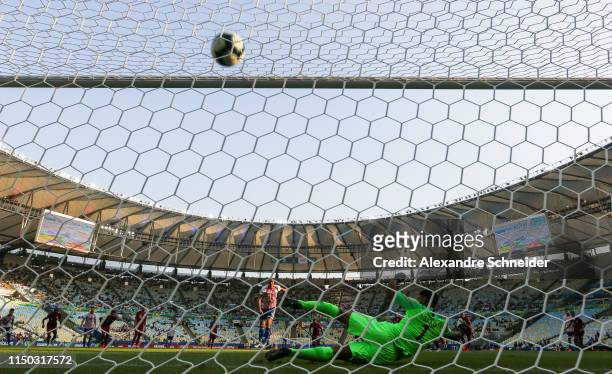 Oscar Cardozo of Paraguay scores their first goal during the match against Qatar for the Copa America 2019 at Maracana Stadium on June 16, 2019 in...