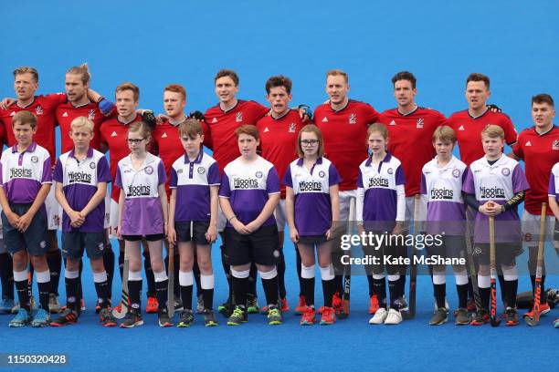 Great Britain players sing their national anthem ahead of the Men's FIH Field Hockey Pro League match between Great Britain and Belgium at Lee Valley...